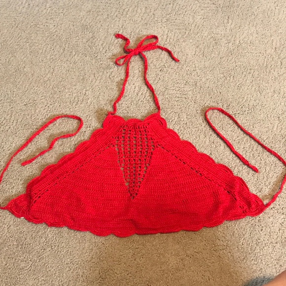 britt Tops - Red vintage crochet halter top